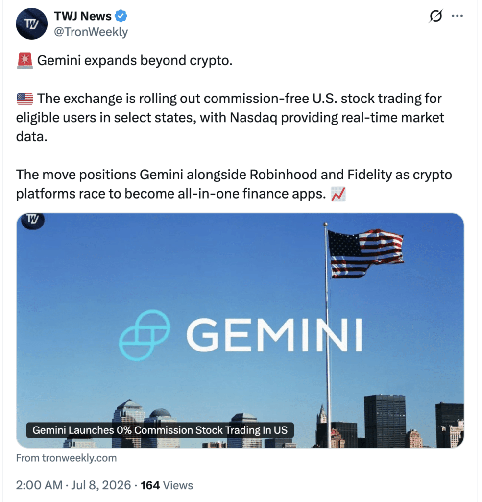Gemini stock trading adds commission-free U.S. stocks.