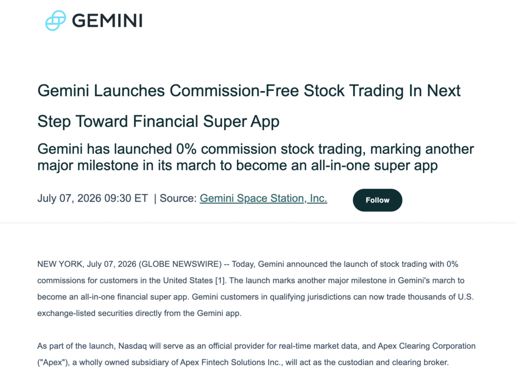 Gemini stock trading expands into U.S. equities.