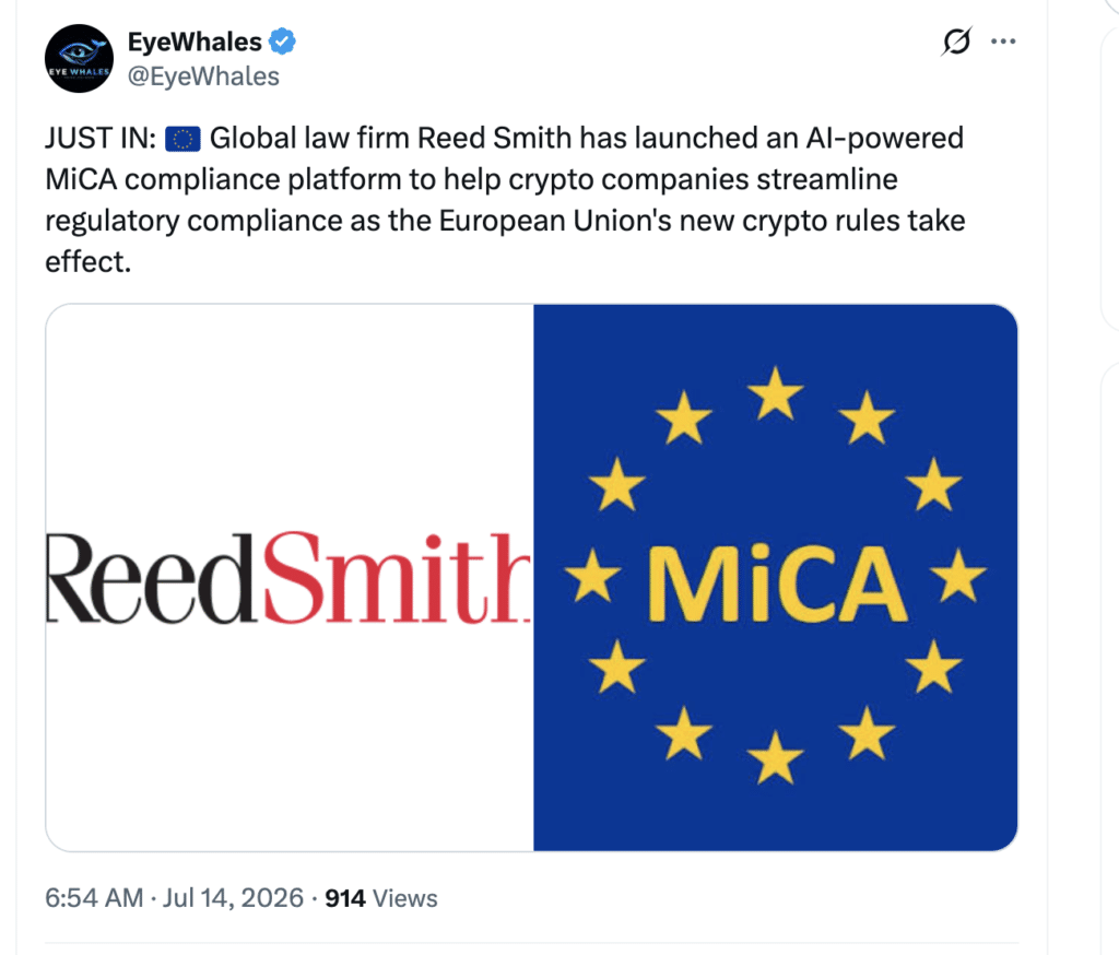 MiCA Compliance Platform From Reed Smith Targets EU Crypto Regulation 8 MiCA Compliance Platform Boosts EU Crypto Growth in 2026.