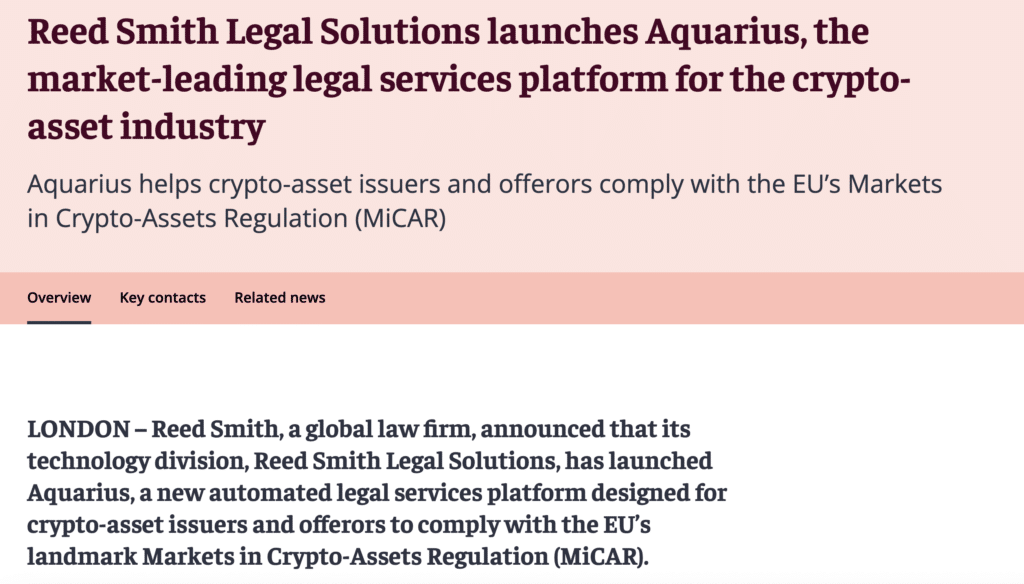 MiCA Compliance Platform From Reed Smith Targets EU Crypto Regulation 9 Aquarius MiCA compliance platform launch.