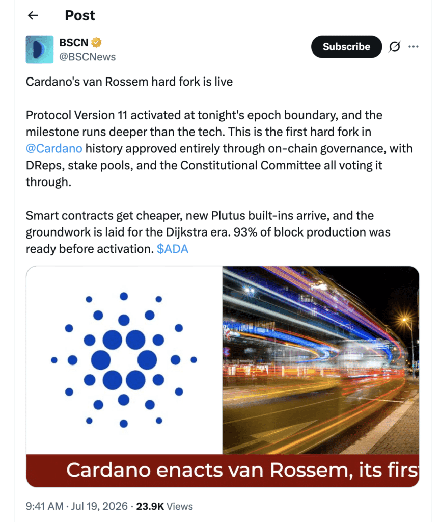 Cardano Hard Fork Launches Protocol Version 11 in Historic 2026 Upgrade 9 Cardano Hard Fork launches Protocol Version 11.