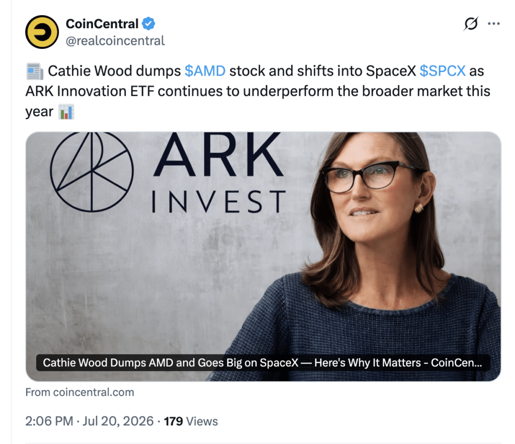 Cathie Wood SpaceX Investment Rises After ARK Adds $20.5M Stake 9 Cathie Wood shifts from AMD to SpaceX.