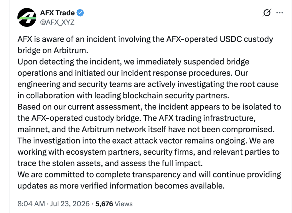 AFX Trade Exploit Drains $24M as Validator Signing Keys Are Compromised 2 AFX Trade shares update on $24M bridge security breach.