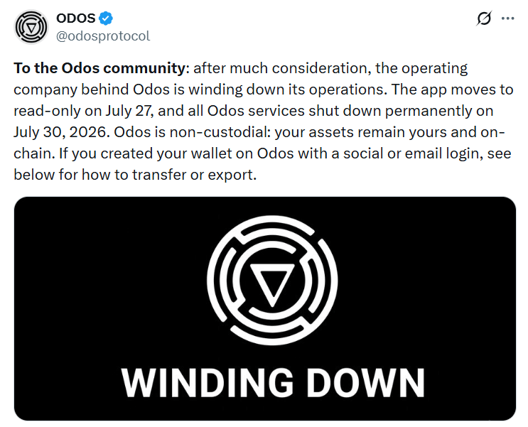 Odos Shutdown Warning Tells Users to Withdraw Assets Before July 30 9 crypto assets