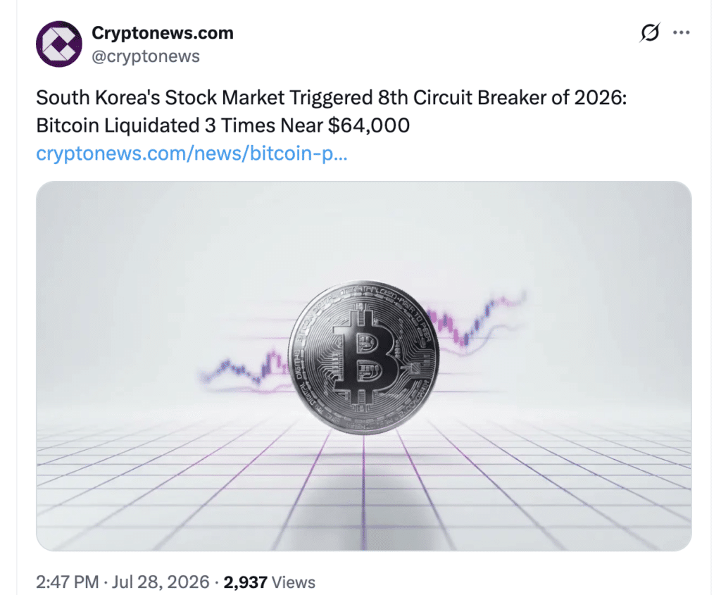 Bitcoin price shows resilience during Korea market crash.