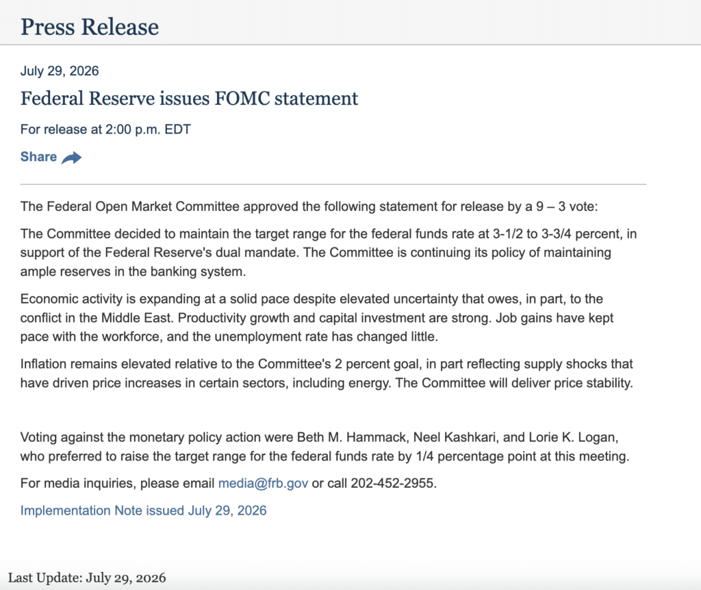Bitcoin Ethereum FOMC following Federal Reserve decision.