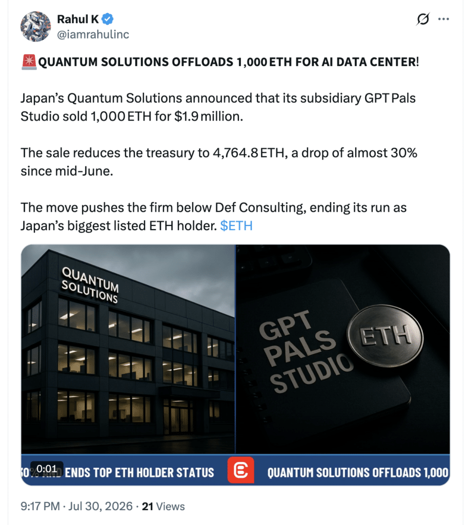 Quantum Solutions Sells 1000 ETH on X.