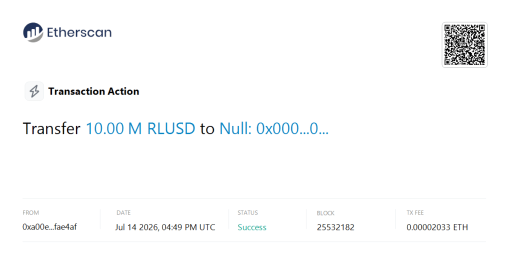 Ripple RLUSD Burn Erases 20% of Stablecoin Supply 7 Ripple RLUSD Burn transaction on Ethereum blockchain.