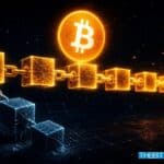 Bitcoin's main chain extends in gold while the BIP-110 fork breaks away and freezes after two blocks.