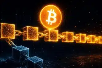 Bitcoin's main chain extends in gold while the BIP-110 fork breaks away and freezes after two blocks.