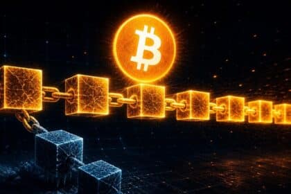 Bitcoin's main chain extends in gold while the BIP-110 fork breaks away and freezes after two blocks.