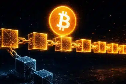 Bitcoin's main chain extends in gold while the BIP-110 fork breaks away and freezes after two blocks.