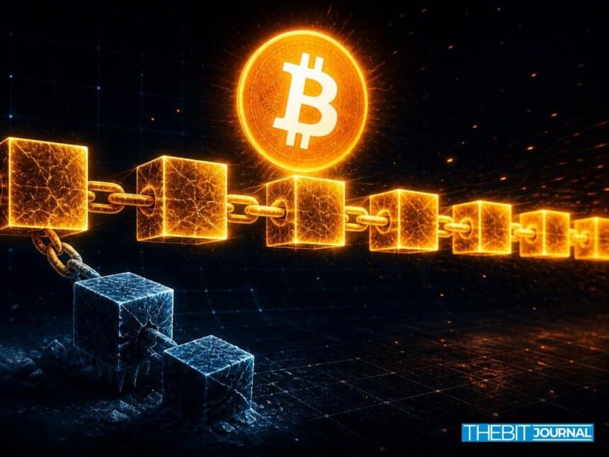 Bitcoin's main chain extends in gold while the BIP-110 fork breaks away and freezes after two blocks.