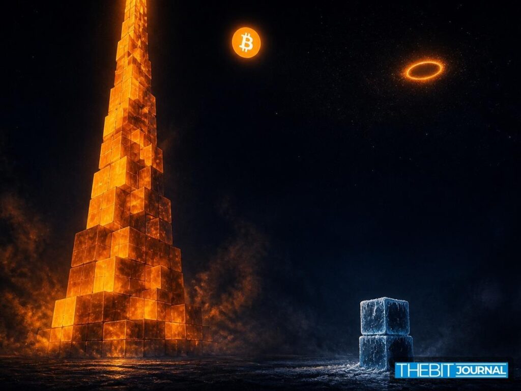 Bitcoin's BIP-110 Fork Needs Four Difficulty Resets to Recover, Not One 2 Bitcoin's block tower rises out of frame beside the two-block BIP-110 chain, with the activation height far out of reach above.