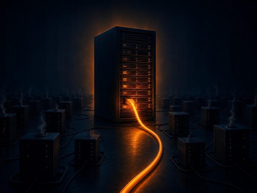 A single glowing server rack in a dark hall while surrounding validator nodes go dark, showing correlated hosting risk.