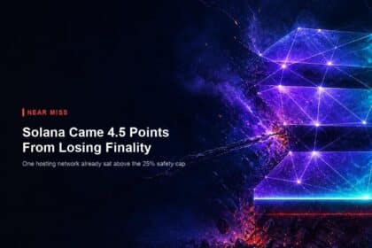 A fractured Solana network crystal after a routing fault, with the headline that the chain came 4.5 points from losing finality.