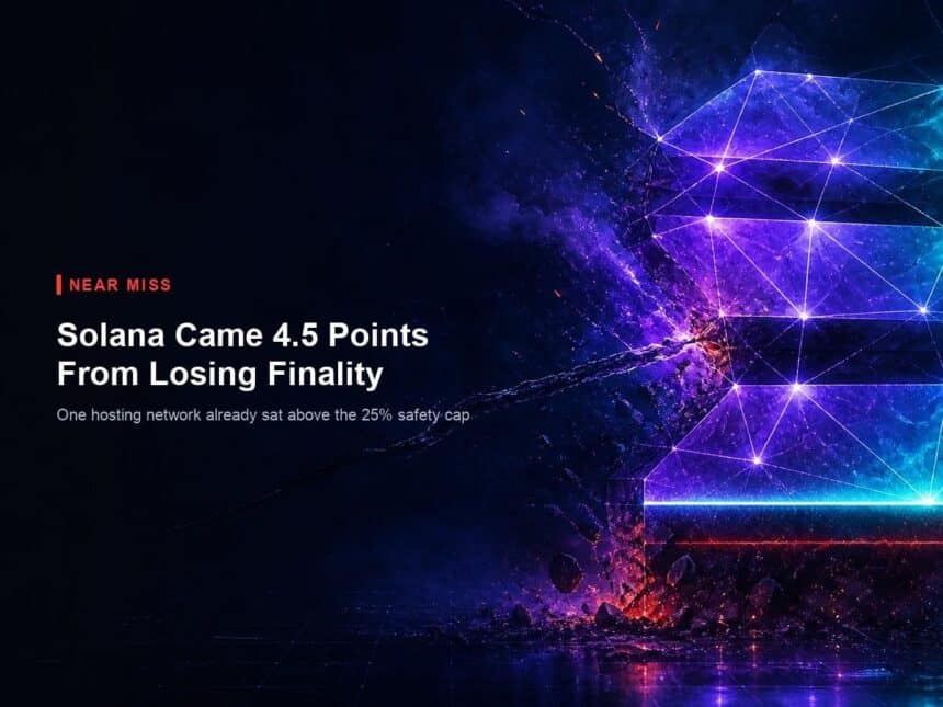Solana Came Within 4.5 Points of Losing Finality After One Bad Route 7 A fractured Solana network crystal after a routing fault, with the headline that the chain came 4.5 points from losing finality.