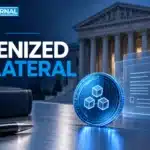 TBJ conceptual illustration: courthouse facade, blue ledger token, compliance documents
