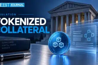 TBJ conceptual illustration: courthouse facade, blue ledger token, compliance documents