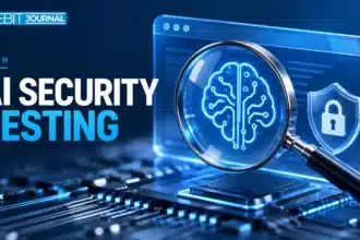 TBJ conceptual illustration: browser window represented by blue glass, magnifying lens and secure circuit board