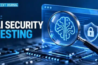 TBJ conceptual illustration: browser window represented by blue glass, magnifying lens and secure circuit board