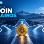 TBJ conceptual illustration: single Bitcoin coin with three diverging pathways, no numerical chart