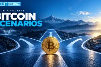 TBJ conceptual illustration: single Bitcoin coin with three diverging pathways, no numerical chart