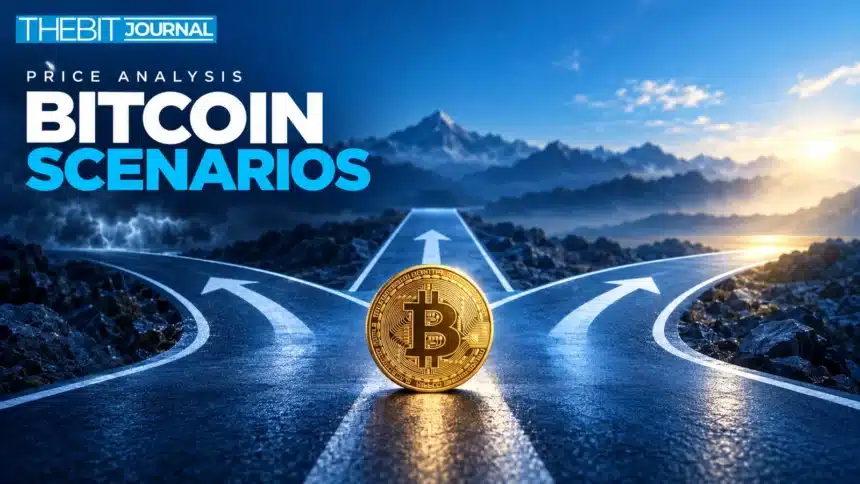 TBJ conceptual illustration: single Bitcoin coin with three diverging pathways, no numerical chart