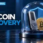 TBJ conceptual illustration: hardware wallet and Bitcoin coin behind protective glass, no real product likeness