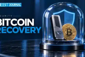 TBJ conceptual illustration: hardware wallet and Bitcoin coin behind protective glass, no real product likeness