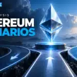 TBJ conceptual illustration: Ethereum crystal with three diverging pathways, no numerical chart