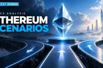 TBJ conceptual illustration: Ethereum crystal with three diverging pathways, no numerical chart