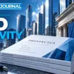 TBJ conceptual illustration: financial district buildings and neatly arranged prospectuses
