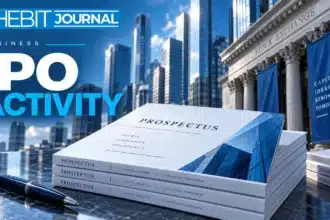 TBJ conceptual illustration: financial district buildings and neatly arranged prospectuses