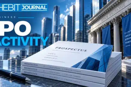TBJ conceptual illustration: financial district buildings and neatly arranged prospectuses