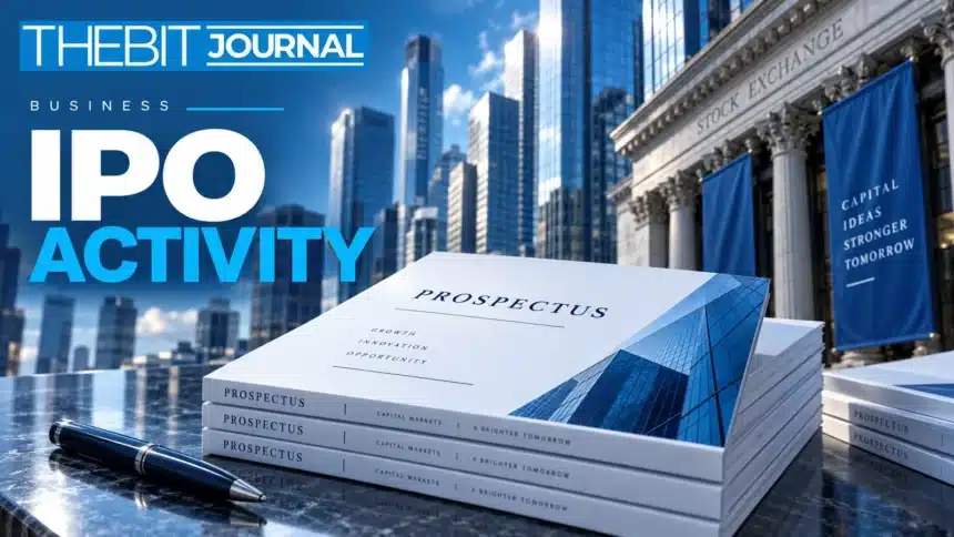 TBJ conceptual illustration: financial district buildings and neatly arranged prospectuses