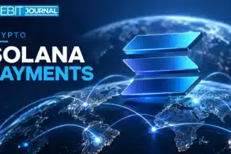 TBJ conceptual illustration: abstract Solana three-bar motif on global payment network