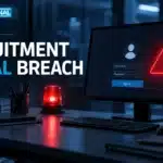 TBJ conceptual illustration: empty office login terminal with security alert light, no agency insignia