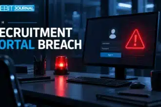 TBJ conceptual illustration: empty office login terminal with security alert light, no agency insignia
