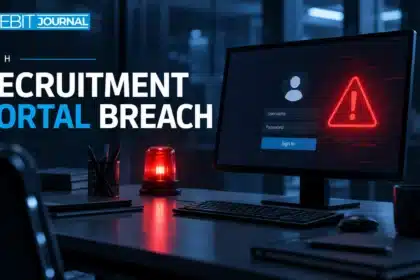 TBJ conceptual illustration: empty office login terminal with security alert light, no agency insignia