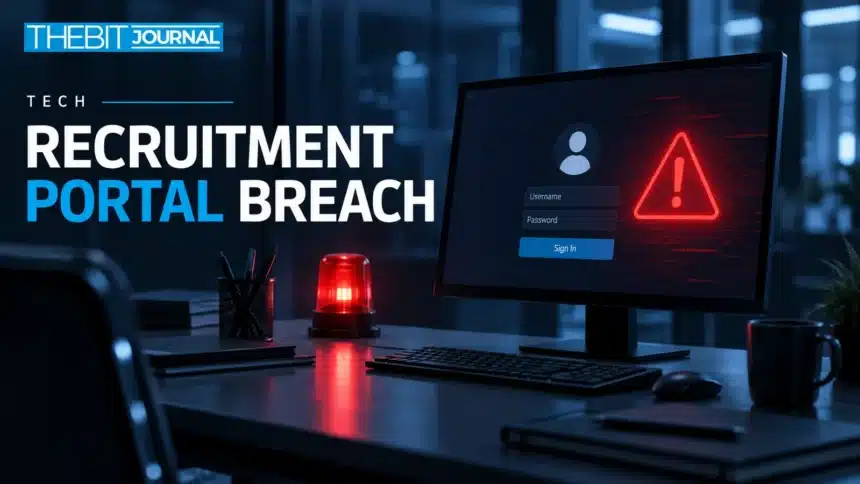 TBJ conceptual illustration: empty office login terminal with security alert light, no agency insignia