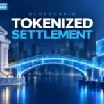 TBJ conceptual illustration: blue luminous bridge joining bank architecture to digital ledger