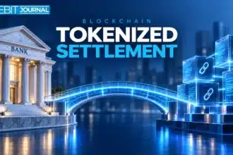 TBJ conceptual illustration: blue luminous bridge joining bank architecture to digital ledger