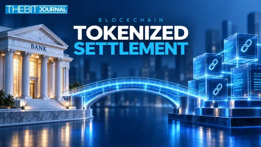 ECB’s Pontes Connects Tokenized-Asset Settlement to Central Bank Money 7 TBJ conceptual illustration: blue luminous bridge joining bank architecture to digital ledger