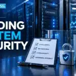 TBJ conceptual illustration: exchange server racks beside checklist and secure access gate