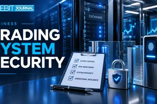 TBJ conceptual illustration: exchange server racks beside checklist and secure access gate