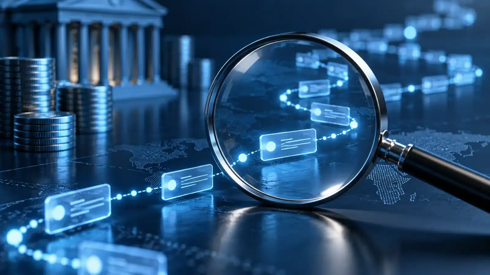 CFTC Updates Tokenized-Collateral FAQs: The Change Is About Permitted Assets and Records 10 Conceptual illustration: magnifying glass over abstract financial transaction trail, evidence review