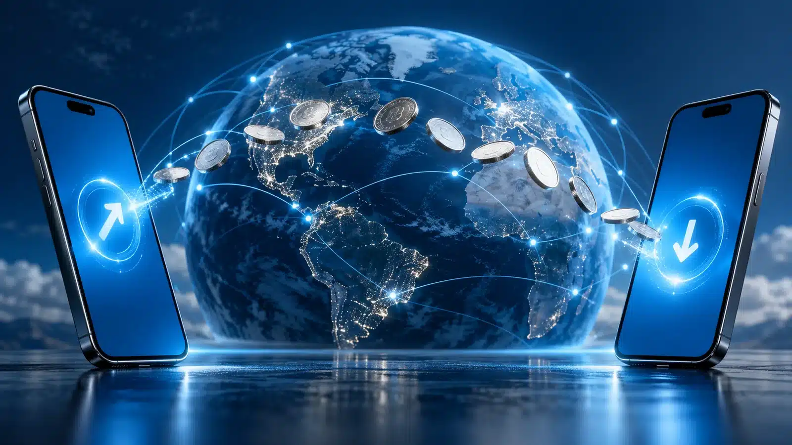 ECB’s Pontes Connects Tokenized-Asset Settlement to Central Bank Money 8 Conceptual illustration: two smartphones connected across a globe, remittance concept without flags