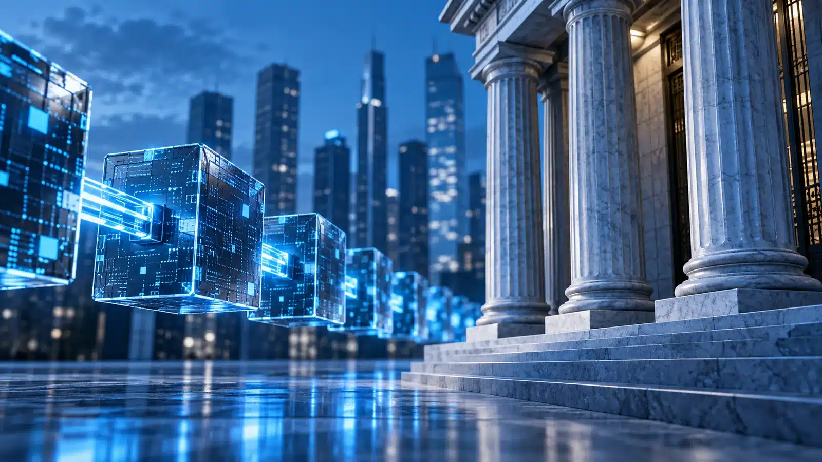 Conceptual illustration: digital ledger blocks beside a traditional bank column, financial infrastructure
