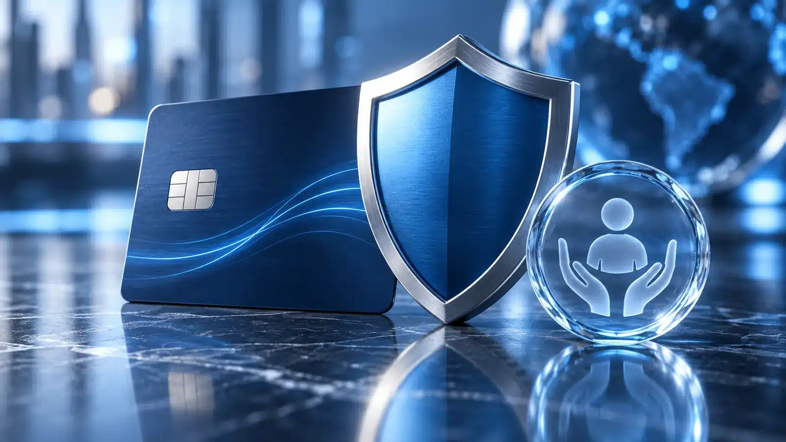 Conceptual illustration: payment card, shield and clear glass token, consumer protection concept